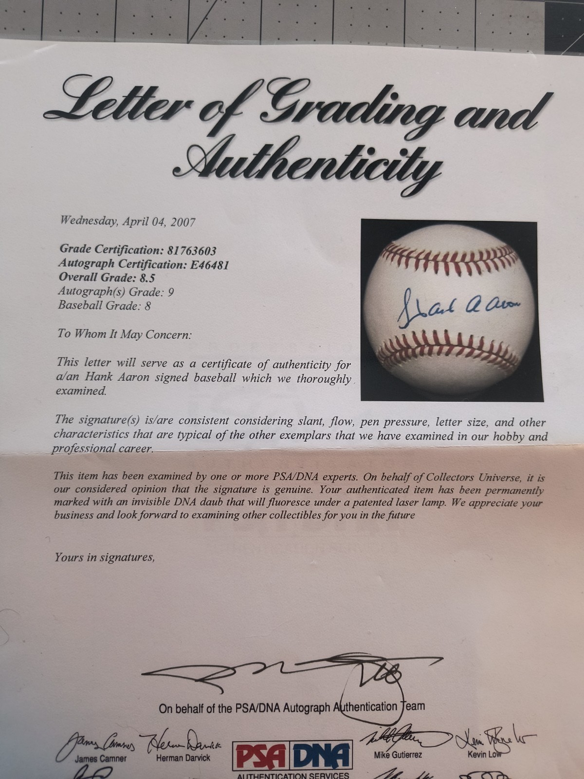 PSA DNA Hank Aaron autographed baseball SSB - Sweet Spot NM - MT 8.5 view 2