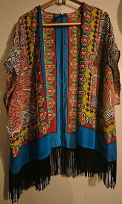 Est.1946 Multicolor Paisley Open Front Fringe Hem Boho Kimono Women s  Sz 14/16