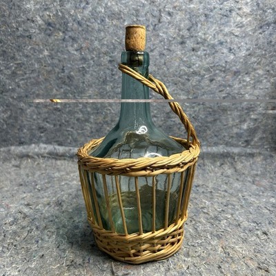 Vintage Green Glass Bottle Wicker Basket Covered Wine Jug Cork 10  Decor