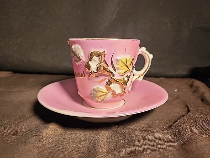 Vintage Raised Floral Pink Teacup And Saucer Made In Germany
