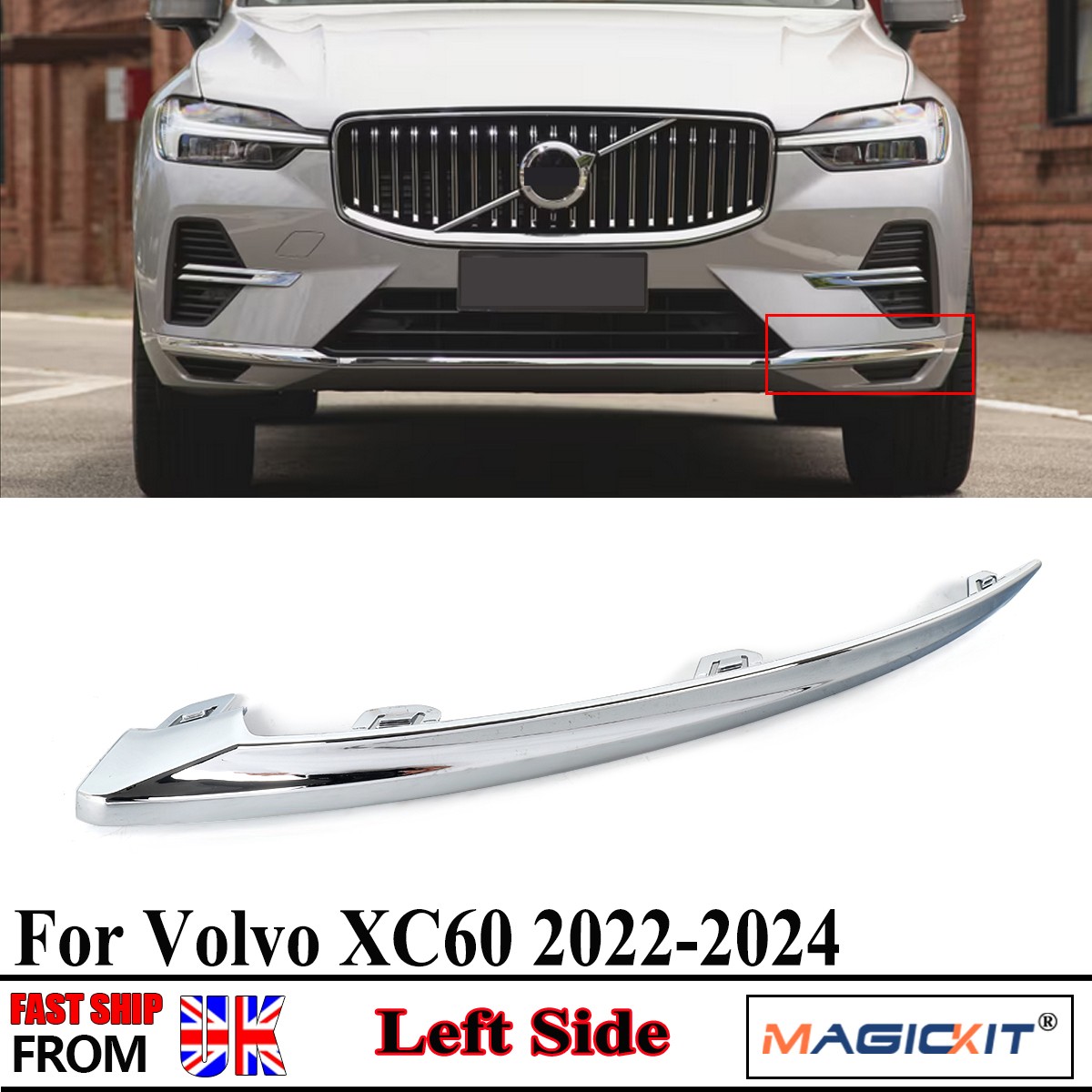 1x New Front Bumper Left Chrome Trim Moulding Strip for Volvo XC60 2022 23 2024