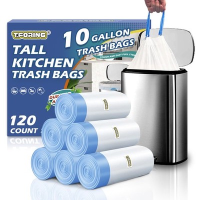 T.FORING 10 Gallon Trash Bags with Drawstring - 120 Count Heavy Duty 1.2 Mil ...
