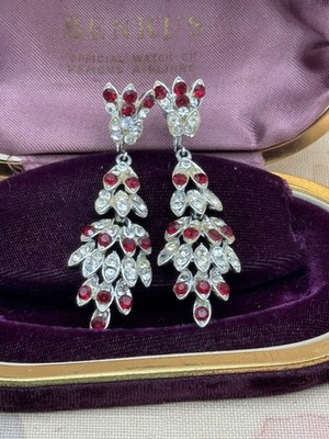 Vintage Earrings Red Clear Rhinestone Chandelier  Screwback 2.5  AS IS
