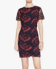 Banana Republic Black Red Navy Floral Crochet Short Sleeve Sheath Dress Sz 0