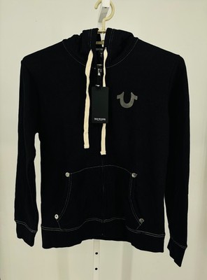 True Religion Classic Logo Zip Up Hoodie Mens L Black Drawstring