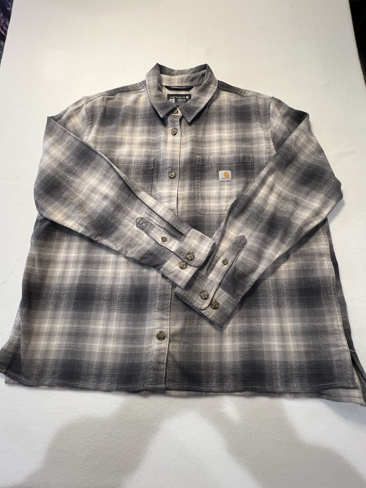 Carhartt Rugged Flex Shirt Boys XL (16-18) Gray/White Plaid Flannel Long Sleeve