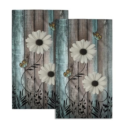 Rustic Barn White Daisy Hand Towels Flower Butterfly Teal one size Daisy 1