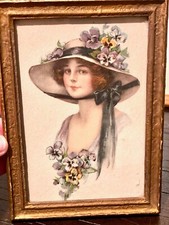 Vintage 7"x5" Gold Framed Portrait of Lady with Floral Hat