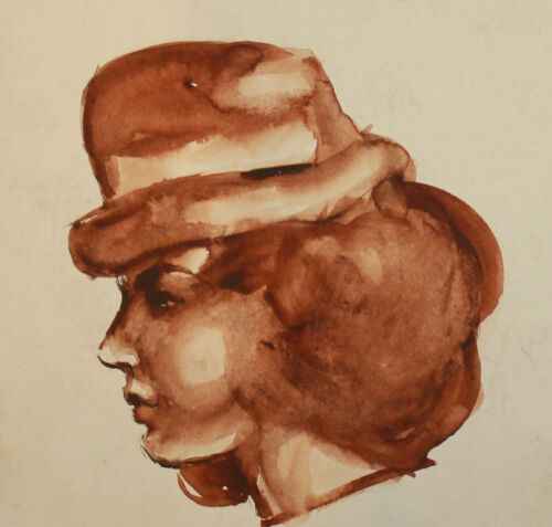 Vintage impressionist watercolor painting woman with hat portrait - Picture 1 of 8