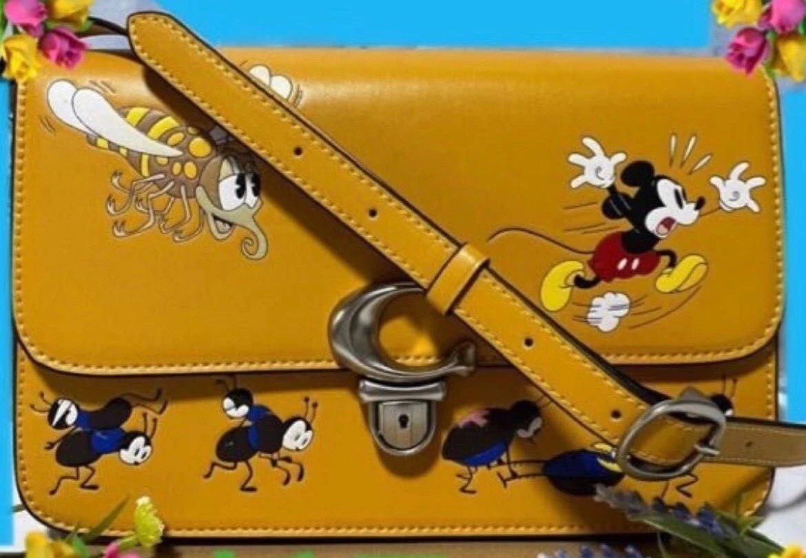 Disney Coach Collab Studio Shoulder Bag Mickey Mouse & Bugs 100th Anniv Yellow
