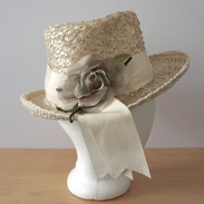 Vintage Straw Off White Hat w/ Ivory Ribbon Fabric Rose Garden Party Derby Chic