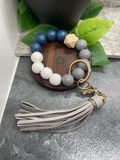 10" Handmade Wood Bead Leather Tassel Keychain Gold-Tone New Free Ship A2944