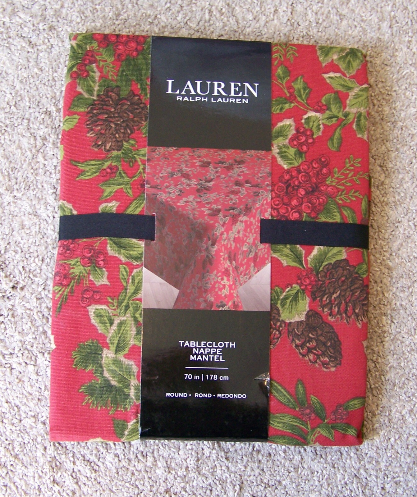 Lauren Ralph Lauren tablecloth red holiday pinecones berries Christmas 70” round eBay