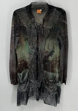CLOTHESHEAD PREOWNED VINTAGE GREEN SHEER BLOUSE ABSTRACT WOMEN LARGE EUC