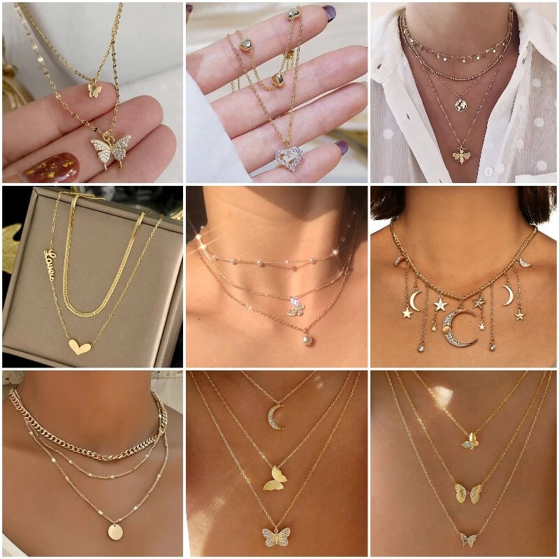925 Silver Multi layer Butterfly Chain Pendant Necklace Choker Women Jewelry
