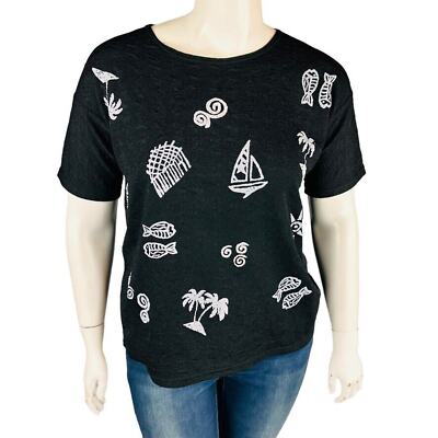 Vintage LA Lights XL Blouse Black Texture Boat Shell Fish Stretch Short Sleeve