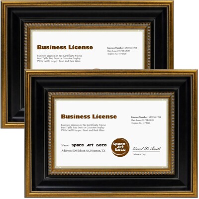 2 Pack Ornate Gold/Black 8.5x5.5 Business License Frame with Tempered Glass