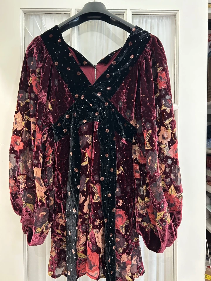 Mini Vestido Free People Last Letter Burnout Terciopelo Borgoña XS (Funciona Grande) Foto 2 de 3