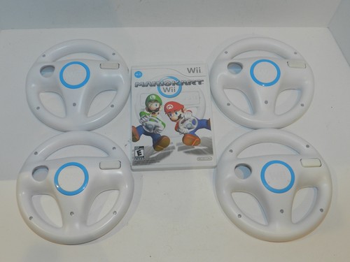 Mario Kart Nintendo Wii Game + 4 Steering Wheels Complete set 4 Players Tested