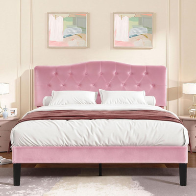 Queen Size Bed Frame with Upholstered Headboard, Velvet Platform Bedframe Mattre