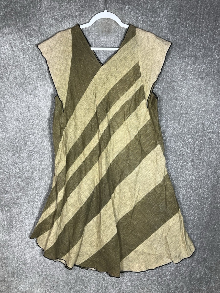 Cynthia Ashby Linen Lagenlook Dress Womens Size Medium Olive Green Striped
