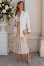 Chico s White Tweed Open Front Jacket Sz M Gold Textured Career Chic Office LUXE