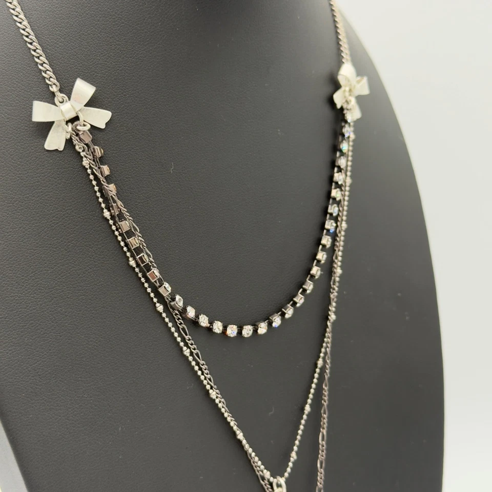 Betsey Johnson Layered Necklace Key Heart Pendants Rhinestones Bow Accents - Image 3 of 4