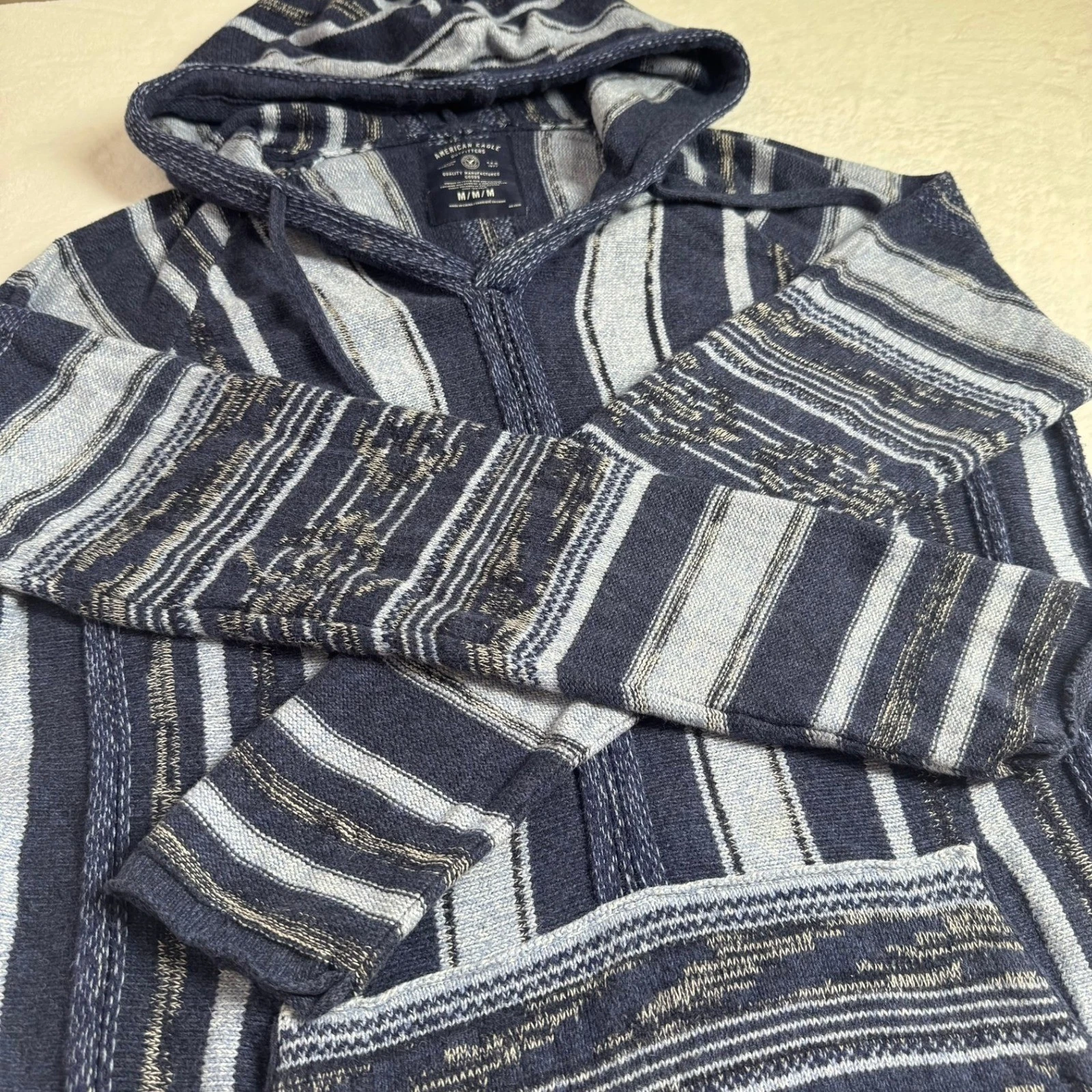 American Eagle Mens Blue Striped Baja Hoodie Knit Cotton Sweater Size M YEAR2014 image 9