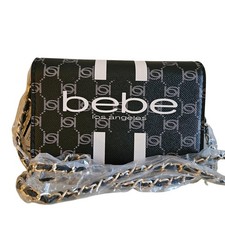 bebe Black White Logo Crossbody Bag Zip Closure Chain Strap Gold Hardware