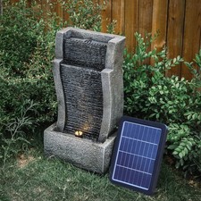Image of Solar Powered Water Fountain Feature Wood/Rock Pool Waterfall For Outdoor Garden