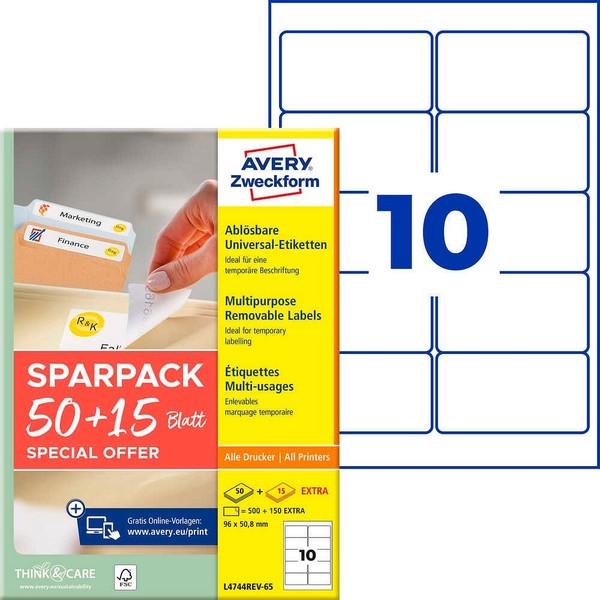 Avery Zweckform Etiketten Weiß 96,0 X 50,8 Mm, 65 Blatt-image