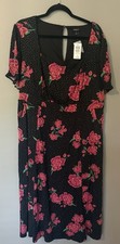 Torrid Challis Dress 1X Black Floral Sweetheart Ruffle Short Sleeve Tea Length