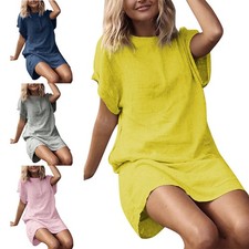 Linen Cotton Ladies  Summer  Women  Casual Mini Dress  Holiday  Sundress Beach