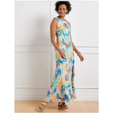 Talbots Size M Tropical Jersey Maxi Dress Sleeveless Gathered Leaves Multicolor