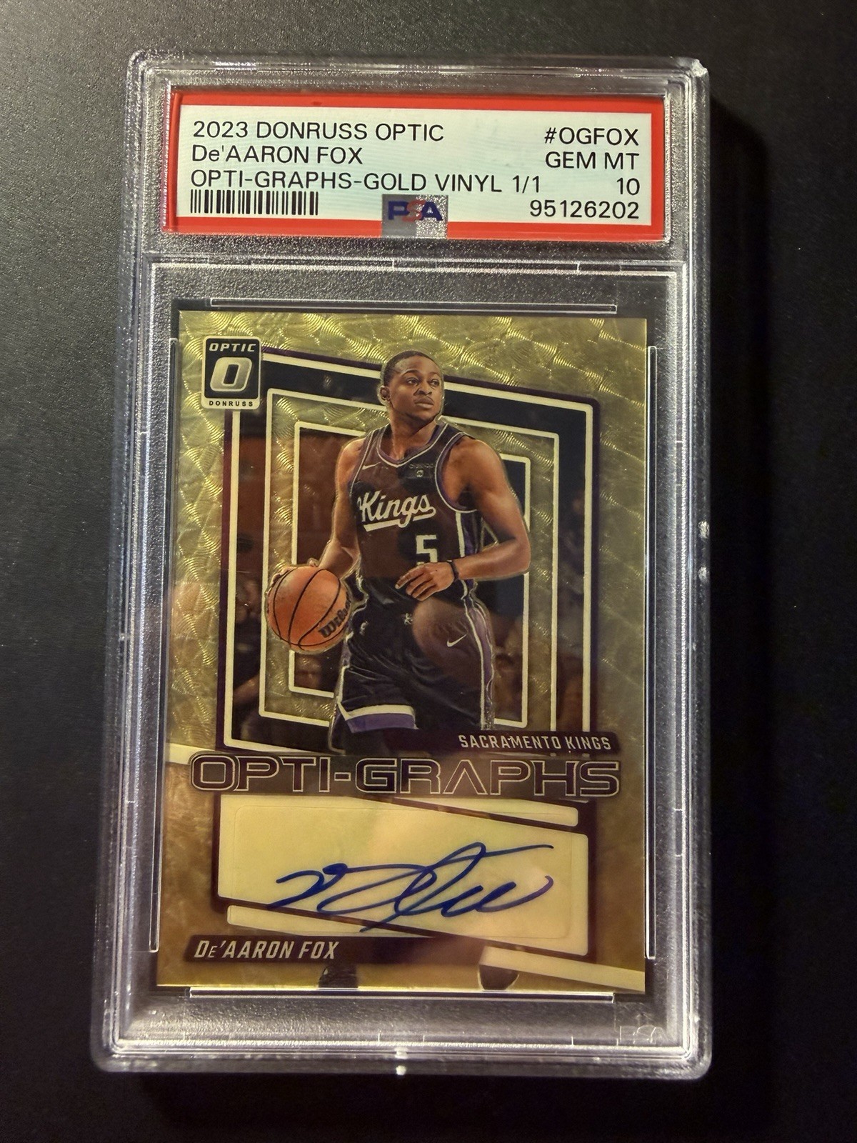 2023-24 Donruss Optic DE'AARON FOX 1/1 GOLD VINYL PRIZM OPTI-GRAPHS AUTO PSA 10