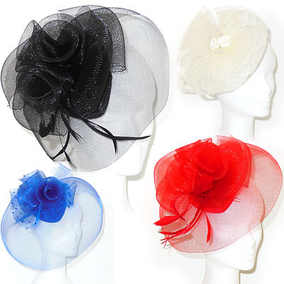 Cappello cerimonia fascinator piume veletta nero rosso blu bianco sposa  D0609 | eBay