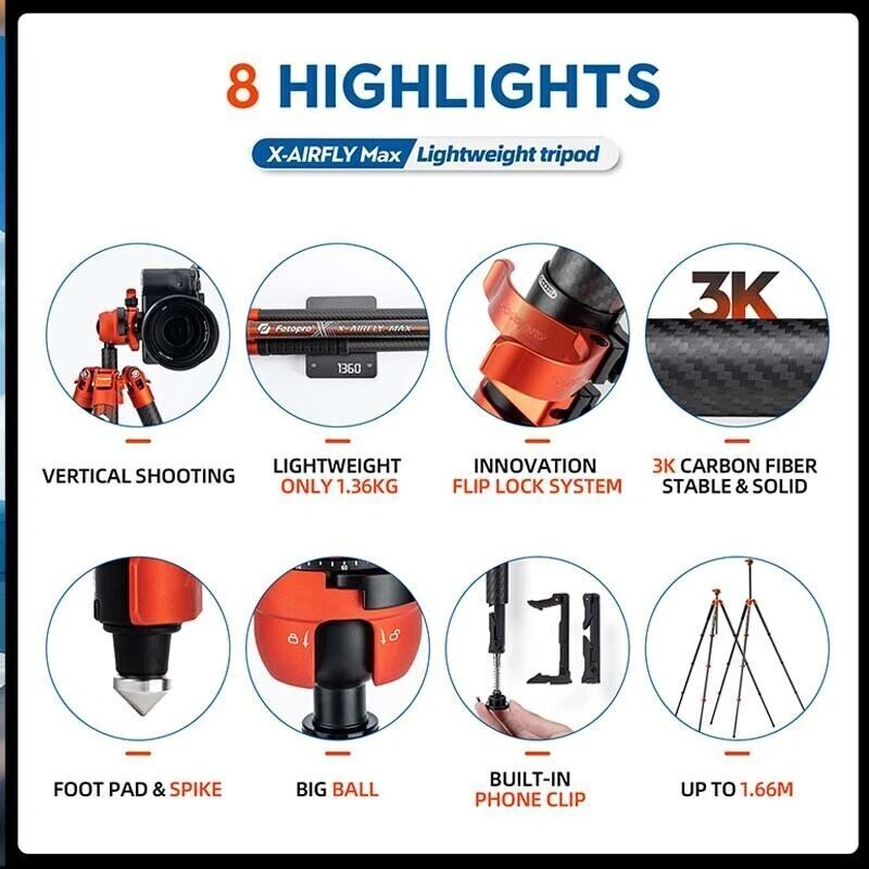 Fotopro X-AIRFLY Max Carbon fiber Video Travel Tripod/Monopod w Ball/Fluid Head - Image 4 of 4