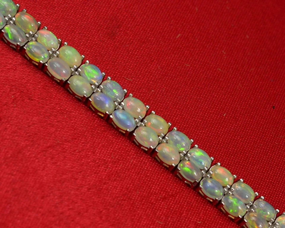 Pulseira de opala de fogo natural etíope, prata esterlina 925, pulseira de duas linhas, presente - Imagem 2 de 4