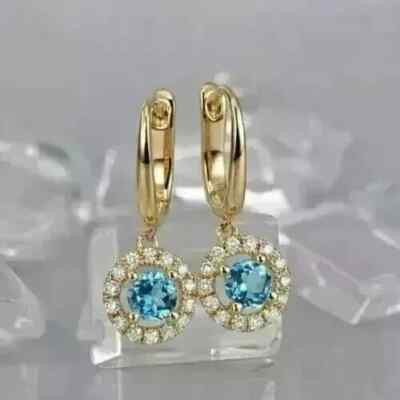 2 kt runde Lab Created Blautopas CZ Ohrhänger 14 K Gelbgold plattiert