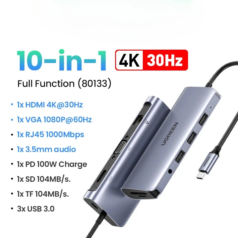 USB HUB Type-C to 4K HDMI VGA RJ45 PD100W 3.5mm SD&TF USB3.0 Splitter