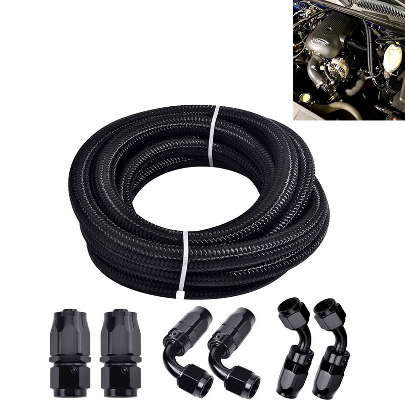 12FT 6AN Braided Stainless Steel Fuel Line Hose Kit - Includes 6 AN6 Fittings, For Fuel, Oil, Turbo Applications (Silver)