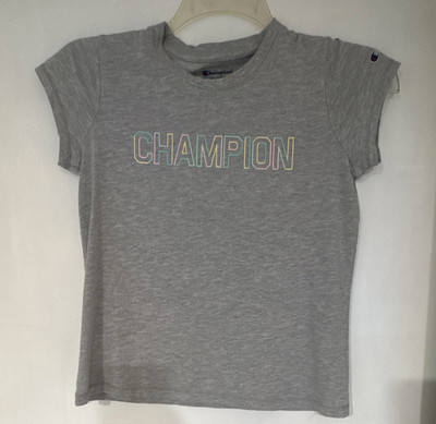 Champion Girls XL Gray Logo Crew Neck Tagless Cotton Knit Short Sleeve Tee