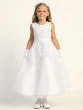 721 Girls White First Communion Dress w/ Embroidered Tulle Sequins Dress