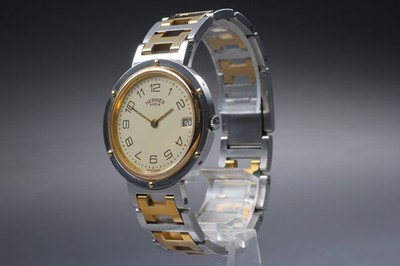 HERMES Clipper Date Ivory Dial Gold 34mm Two Tone Qz Herrenuhr JP Near MINT
