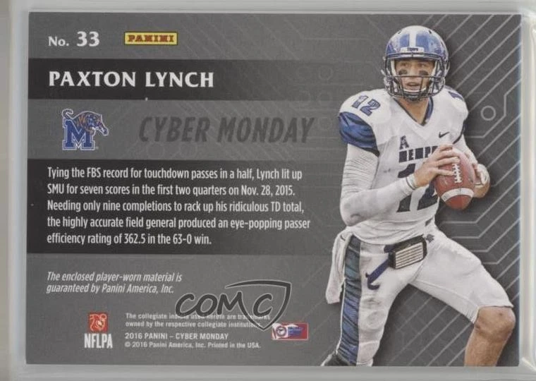 2016 Panini Cyber Monday Cyber Monday Materials Paxton Lynch #33 Rookie RC - Image 2 of 2