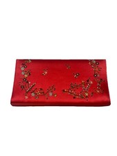 Lord  Taylor Red Satin Embroidered Floral Evening Clutch Purse Shoulder Bag Vtg