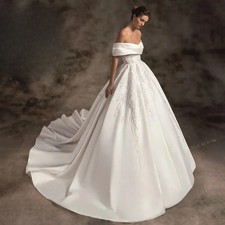 Off Shoulder Wedding Dress Satin Beading A-Line Court Train Princess Bride Gown