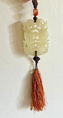  Carved Jade - Doorway  or Pendant Good-luck Symbol with Orange Tassel - Vintage