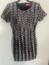 POOKIE & SEBASTIAN dress size M sequins tan silver mini shortsleeve