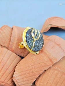Authentic Japanese Art Druzy Agate Kintsugi Handmade Ring in 22k Gold Plated Jewelry